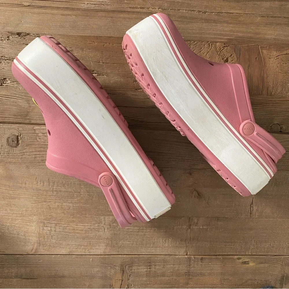 CROCS Women’s Pink White Clogs Crocband Comfort Platform Jibbitz Charm Sandals 7_4